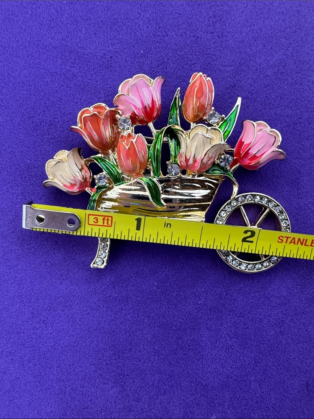 💛 Anne Klein Gold-Tone Tulip Wheelbarrow Floral Brooch | Pink & Green Enamel - Picture 4 of 5